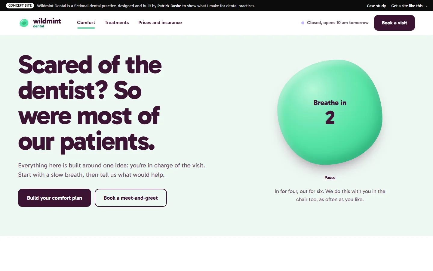 Wildmint Dental: Comfort plan on a desktop screen